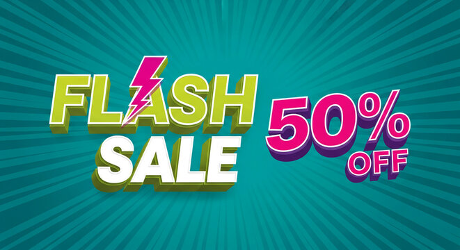 Bright graphic with green "Flash Sale" text and pink "50% off" against teal radial burst background, representing a sales promotion and discount offer