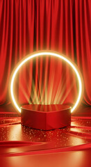 Red stage podium with glowing neon ring and dramatic lighting