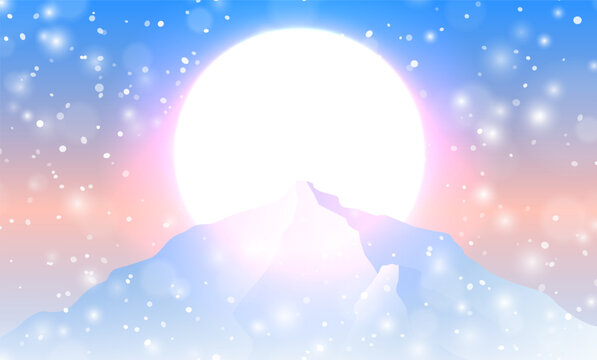 Minimalist vector illustration of snowy mountain peak silhouette against a large glowing sun at snowfall. Soft gradients create a serene, atmospheric winter landscape nature travel designs