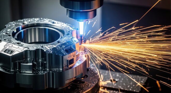 Precision CNC milling sparks fly as the metal manufacturing process precisely shapes a complex component with intricate details.