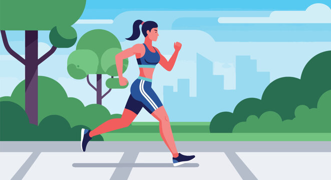 Flat vector athletic woman jogging outdoors on park path with dynamic stride and sporty outfit. Ideal for fitness blogs, running apps, healthy lifestyle designs, and wellness promotions