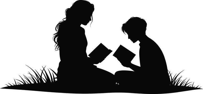 Black silhouette of mother and son sitting on grass reading books together outdoors isolated on white background for education - Powered by Adobe