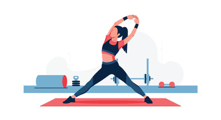 Flat vector female trainer performing full-body stretch on mat in minimal gym. Ideal for stretching guides, wellness apps, fitness coaching content, and exercise illustrations