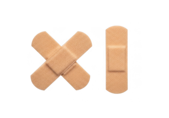 Two beige fabric bandages, one in a cross shape and one vertical, isolated on transparent background