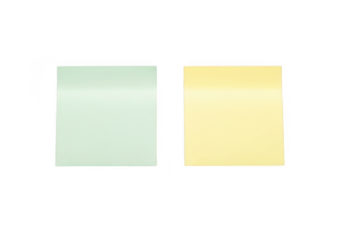 Two sticky notes, one light green and one yellow, isolated on a transparent background