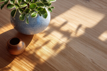 Calm sunlight on oak table, plant in stone pot, wooden bowl, soft shadow, natural texture, minimal decor, warm morning mood