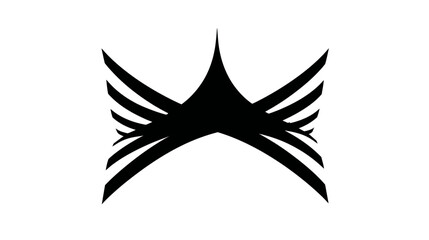 Abstract black and white symmetrical graphic symbol, minimalist geometric design with wing and crown elements, elegant vector art.