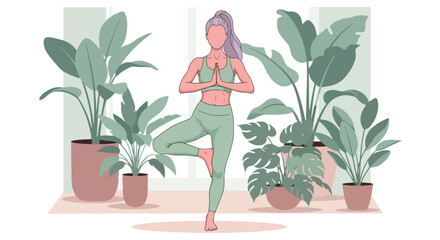 Flat vector woman practicing yoga balance pose in calm interior with plants. Ideal for yoga apps, wellness branding, meditation content, and holistic health illustrations
