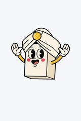 Cartoon shipping container character wearing a hard hat rides a cargo ship in a vector illustration.
