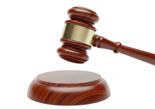 A wooden judges gavel poised to strike a sounding block, isolated on transparent background - Powered by Adobe