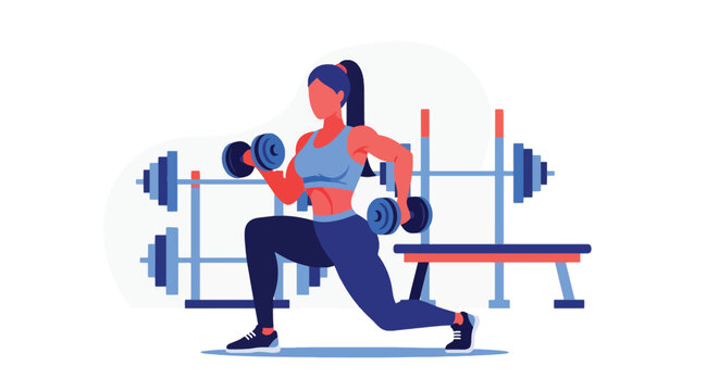 Flat vector confident woman lifting dumbbells during strength session with bold stance. Ideal for gym promotions, workout programs, strength training guides, and fitness branding