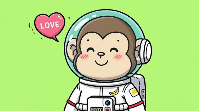 A cute cartoon monkey in an astronaut suit smiling with a pink love heart speech bubble.