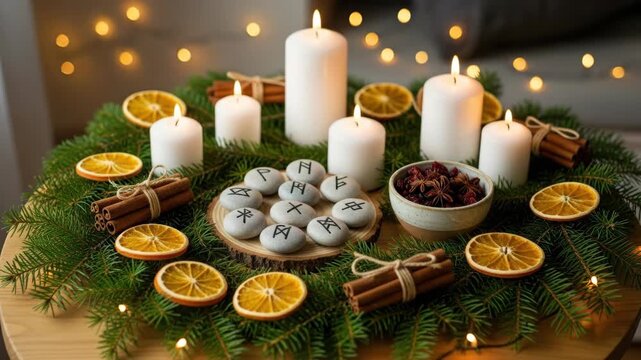 Decorated table with lit candles, rune stones, and pine branches for pagan Yule celebration. Winter solstice spiritual tradition.