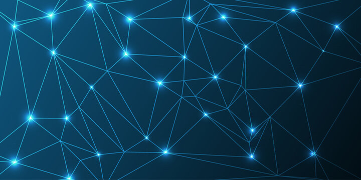 Abstract network of glowing points and lines. A wave of interconnected nodes. Intricate lines and dots creating a glowing abstract network on a dark background.