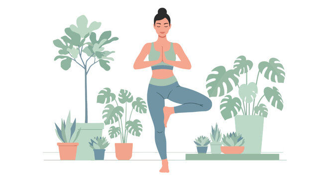 Flat vector woman practicing yoga balance pose in calm interior with plants. Ideal for yoga apps, wellness branding, meditation content, and holistic health illustrations
