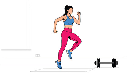Flat vector woman performing HIIT cardio workout at home in dynamic pose. Ideal for fitness apps, workout programs, healthy lifestyle posts, and home exercise tutorials