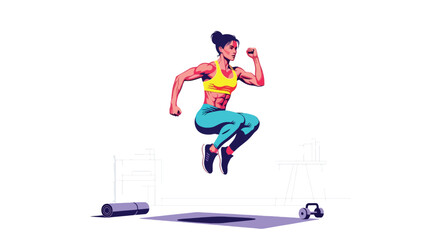 Flat vector woman performing HIIT cardio workout at home in dynamic pose. Ideal for fitness apps, workout programs, healthy lifestyle posts, and home exercise tutorials