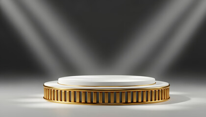 Elegant white podium with gold trim illuminated by spotlights