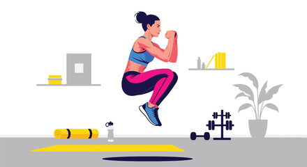 Flat vector woman performing HIIT cardio workout at home in dynamic pose. Ideal for fitness apps, workout programs, healthy lifestyle posts, and home exercise tutorials