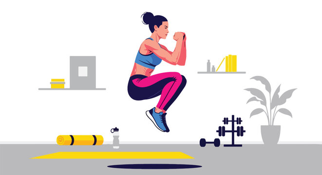 Flat vector woman performing HIIT cardio workout at home in dynamic pose. Ideal for fitness apps, workout programs, healthy lifestyle posts, and home exercise tutorials