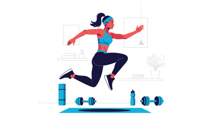 Flat vector woman performing HIIT cardio workout at home in dynamic pose. Ideal for fitness apps, workout programs, healthy lifestyle posts, and home exercise tutorials