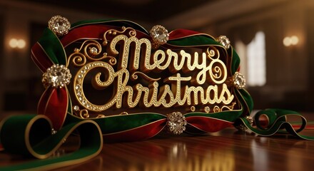 Luxurious "Merry Christmas" golden text adorned with sparkling diamonds, framed by elegant red and green ribbons on a polished wooden surface.