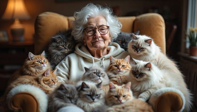 Elderly woman with glasses sits surrounded by many fluffy cats in a cozy armchair. She looks relaxed and content with her numerous feline companions, enjoying quiet time at home.