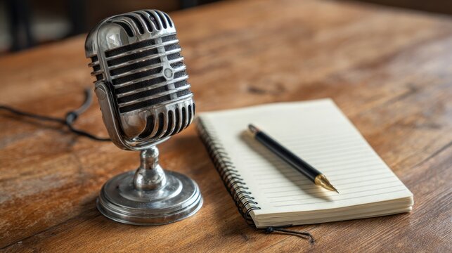Vintage microphone with notebook and pen on wooden table for creative inspiration and storytelling