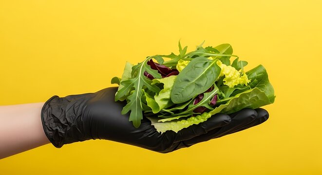 Hand in black glove holds fresh salad against yellow background.