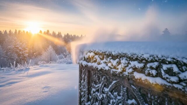 Ancient stone monument covered in snow with pagan symbols at sunrise. Winter landscape with historical relic and magical morning light.