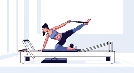 Flat vector woman doing pilates reformer workout in clean studio. Ideal for pilates centers, rehab fitness, wellness content, and body-strengthening illustrations