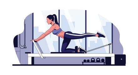 Flat vector woman doing pilates reformer workout in clean studio. Ideal for pilates centers, rehab fitness, wellness content, and body-strengthening illustrations
