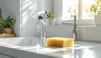 Neatly arranged eco friendly cleaning products on bright countertop with visible sink edge
