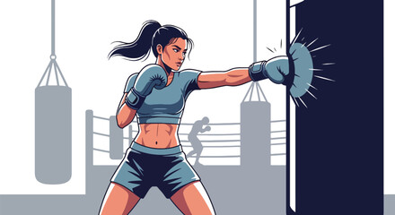 Flat vector athletic woman boxing with punching bag in powerful stance. Ideal for boxing gyms, fitness promotions, martial training content, and motivational visuals