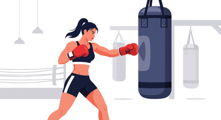 Flat vector athletic woman boxing with punching bag in powerful stance. Ideal for boxing gyms, fitness promotions, martial training content, and motivational visuals