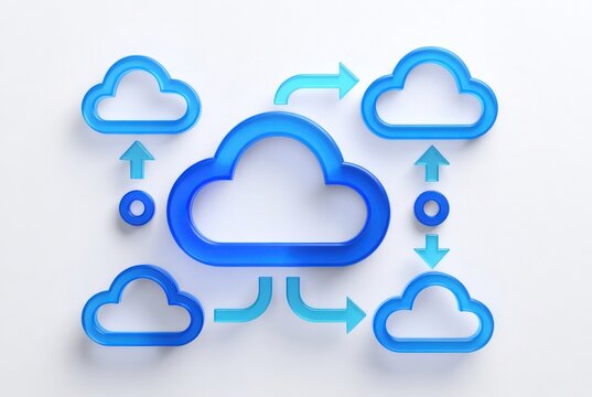 A cloud migration flowchart, tech element, glossy 3D visual, blue gradients
