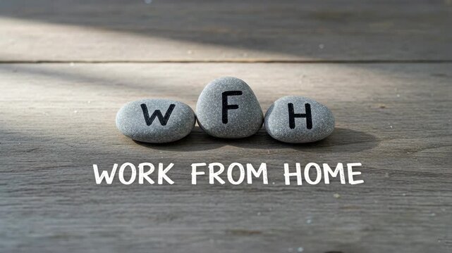 A stone pebbles engraved wfh on rustic wooden table showing remote work and technical support and customer service
