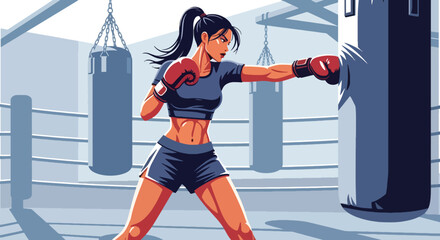 Flat vector athletic woman boxing with punching bag in powerful stance. Ideal for boxing gyms, fitness promotions, martial training content, and motivational visuals