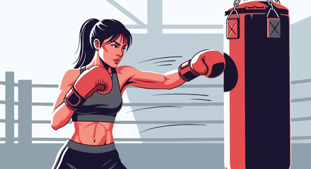 Flat vector athletic woman boxing with punching bag in powerful stance. Ideal for boxing gyms, fitness promotions, martial training content, and motivational visuals