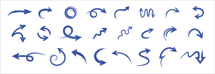 Hand drawn blue arrow collection on white background for design elements