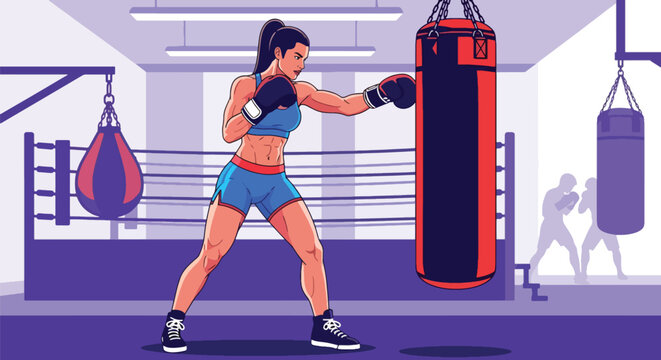 Flat vector athletic woman boxing with punching bag in powerful stance. Ideal for boxing gyms, fitness promotions, martial training content, and motivational visuals