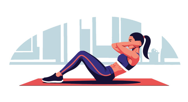 Flat vector woman doing core training on mat with strong posture. Ideal for workout tutorials, gym programs, fitness branding, and healthy lifestyle visuals