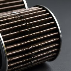 Close-Up View of a Dirty Used Engine Oil Filter