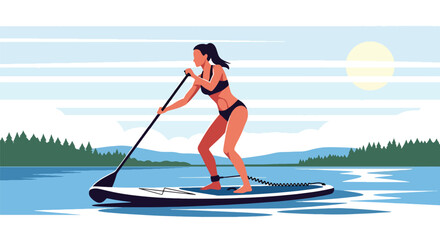 Flat vector sporty woman paddleboarding on calm lake with balanced stance. Ideal for outdoor fitness ads, summer activity visuals, and healthy lifestyle design