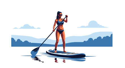 Flat vector sporty woman paddleboarding on calm lake with balanced stance. Ideal for outdoor fitness ads, summer activity visuals, and healthy lifestyle design