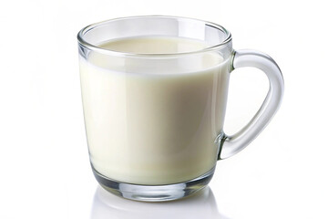 Product photography showcasing fresh, cold milk in a glass mug, creamy texture highlighted on white.