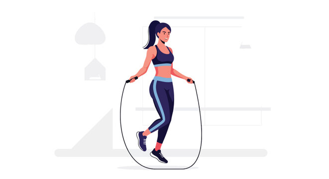 Flat vector woman doing jump-rope cardio in fitness zone with dynamic movement lines. Ideal for training routines, workout apps, fitness campaigns, and gym illustrations