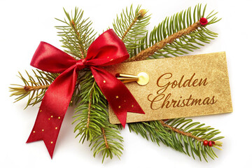 Festive holiday arrangement featuring evergreen branches, pinecones, a blank tag, and a red-and-white ribbon