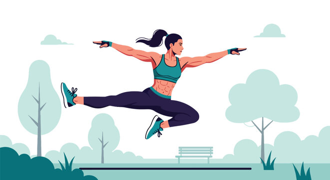 Flat vector woman performing energetic jump stretch during outdoor workout. Ideal for fitness promotions, exercise apps, healthy lifestyle visuals, and motivational design