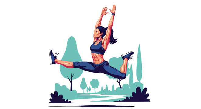 Flat vector woman performing energetic jump stretch during outdoor workout. Ideal for fitness promotions, exercise apps, healthy lifestyle visuals, and motivational design